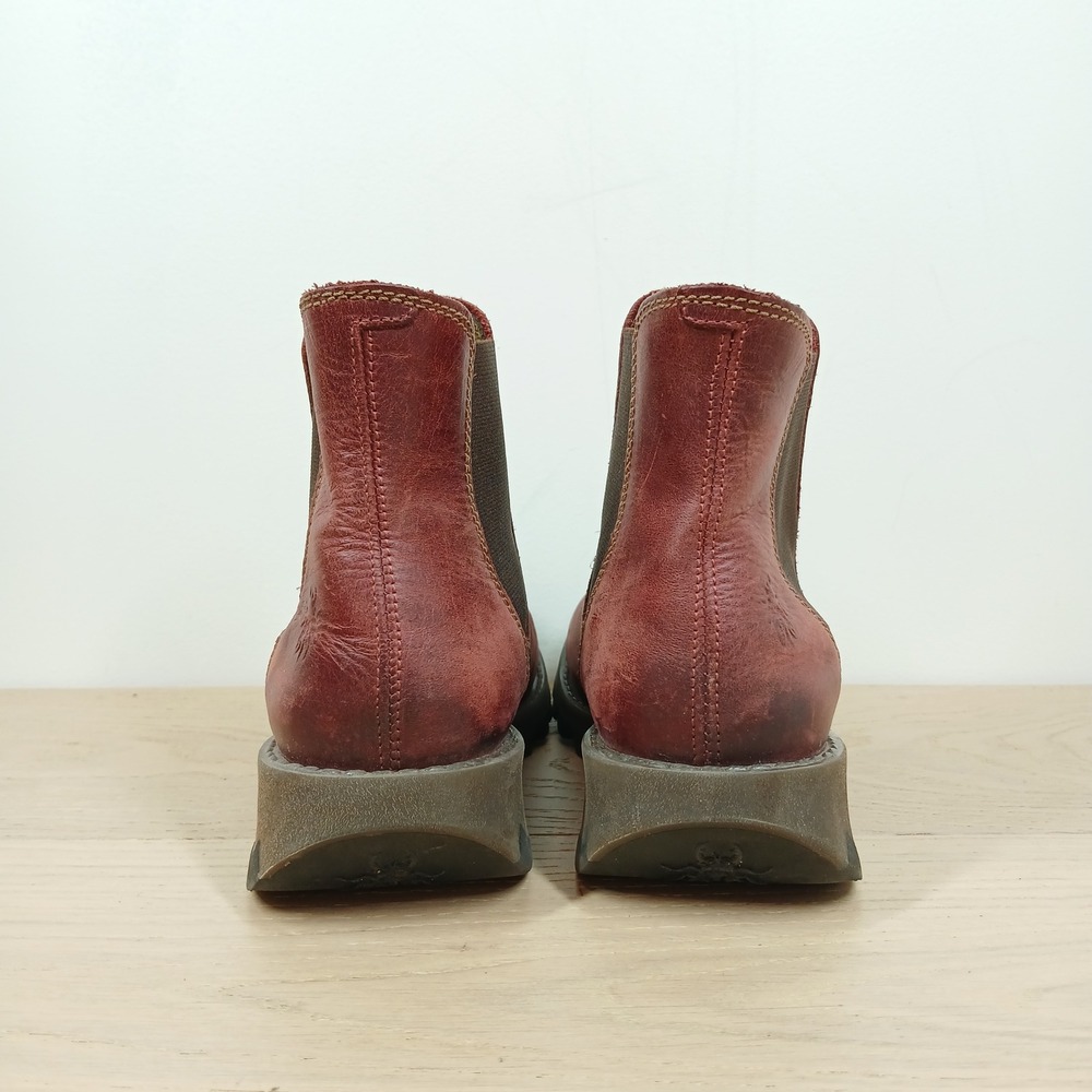 Fly London Ankle Boots Women's 7-7.5 /38 Burgundy Rug Leather Chelsea Wedge - Picture 6 of 12
